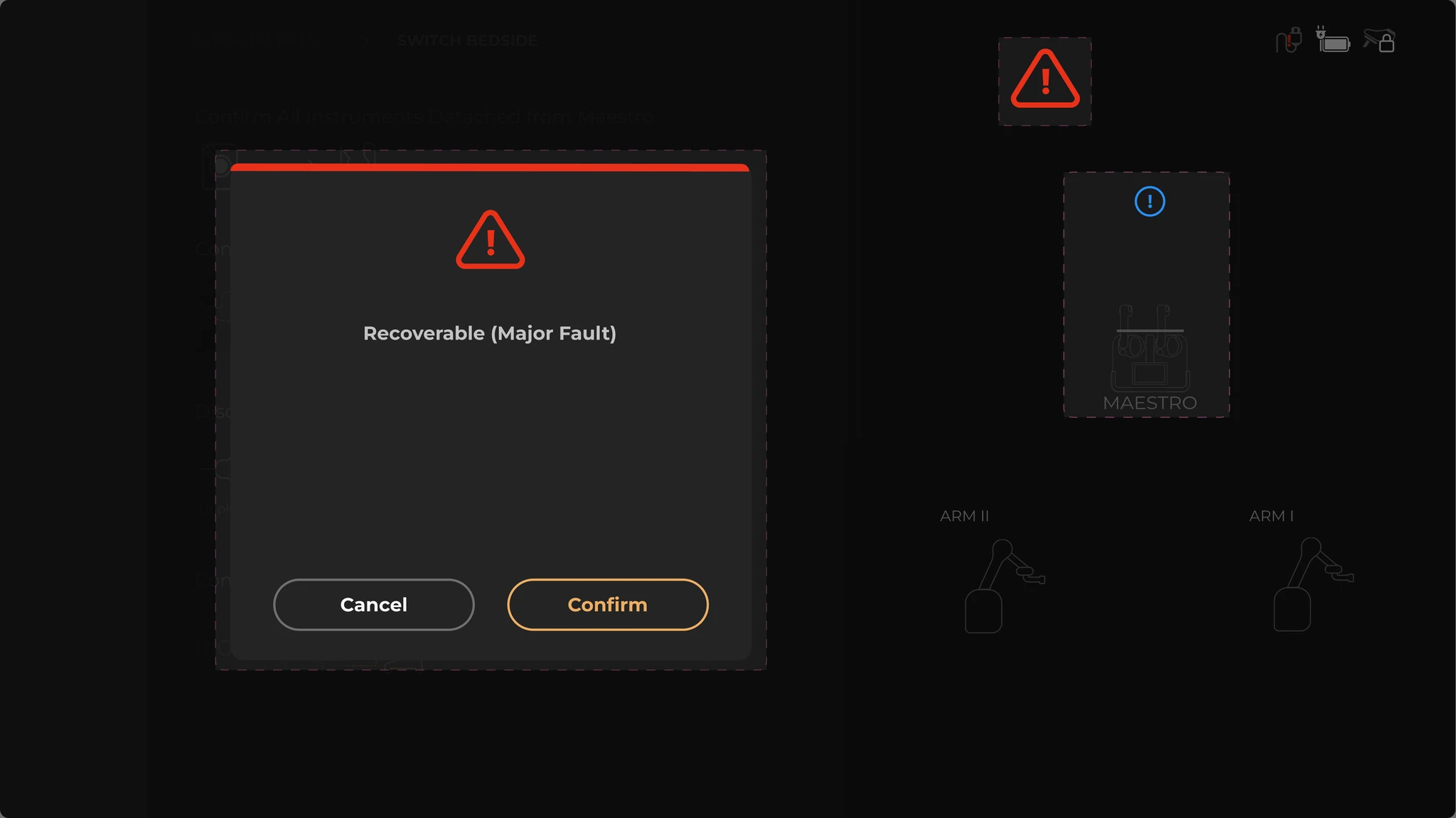 Screenshot of the old GUI showing fault modals blocking the entire interface